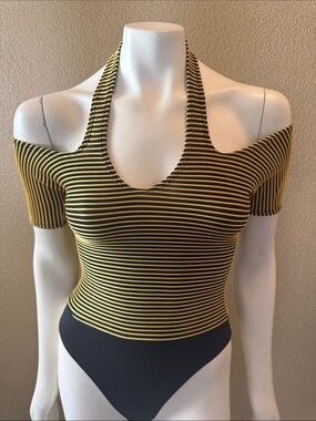 1990s  Vintage Cache Striped Yellow & Black Off-Shoulder Bodysuit